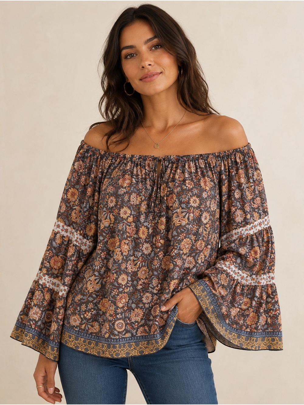 Jessica Simpson Floral Off-Shoulder Blouse in Rust and Gray